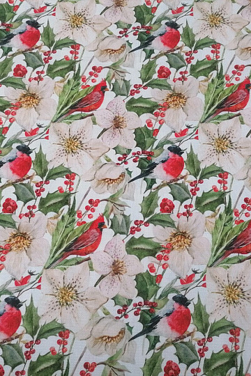 Tela decorativa navideña Acebo con pájaros