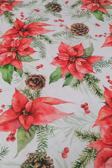 Tela decorativa navideña Poinsettia y piñas