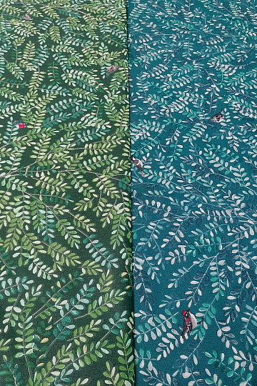 Tela de algodón Ramitas con pájaros turquesa