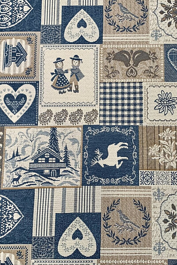 Tela jacquard decorativa PATCHWORK CORAZONES AZUL