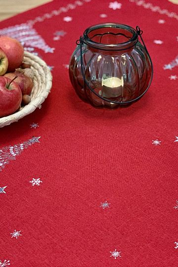 Mantel y pañuelos navideños bordados ARBOLES ROJOS