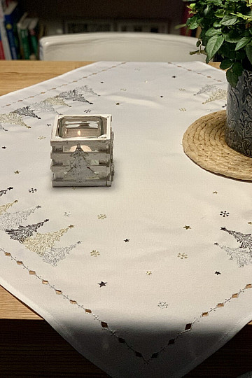 Mantel y mantones navideños bordados ARBOLES DE ORO BLANCO
