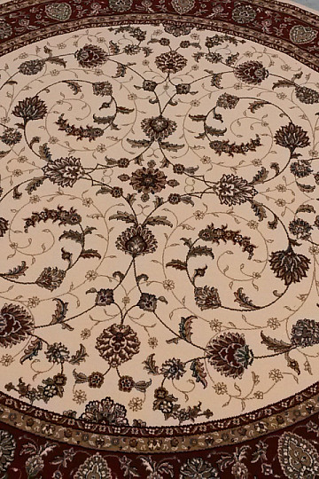 Alfombra redonda de lana ORIENT crema, ribete burdeos