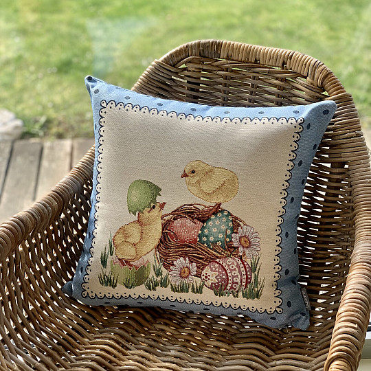 Funda de cojín Gobelino POLLO DE PASCUA marco azul