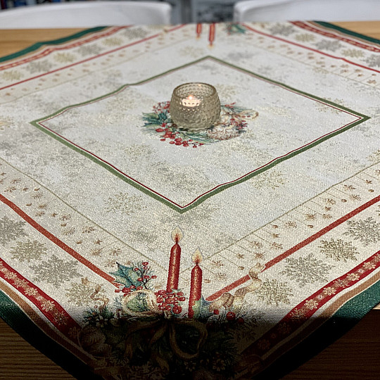 Mantel tapiz y pañuelo VELAS LLAMAS ribete verde