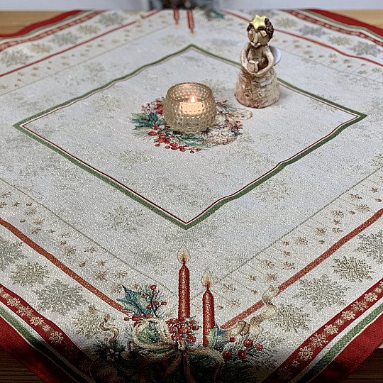 Mantel y pañuelo tapiz VELAS LLAMAS ribete rojo