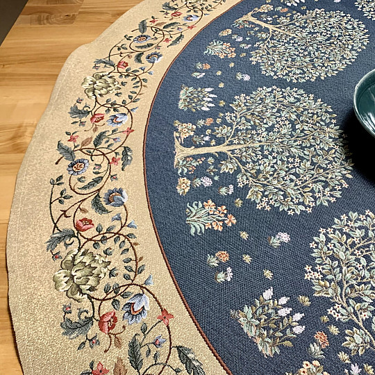 Mantel redondo de tapiz ÁRBOL DE LA FELICIDAD azul