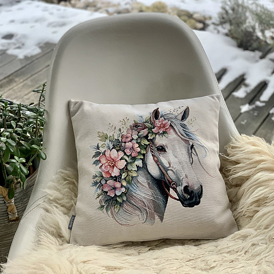 Funda de almohada tapiz CABALLO BLANCO CON FLORES