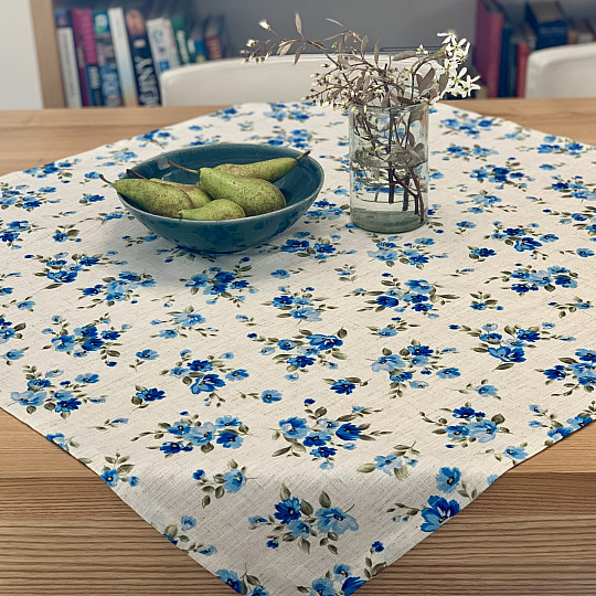 Mantel y bufanda FLOWERS LINO azul