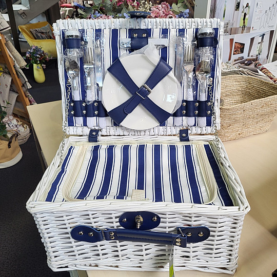 Cesta de picnic JARDÍN rayas azules - blanca para 2 personas