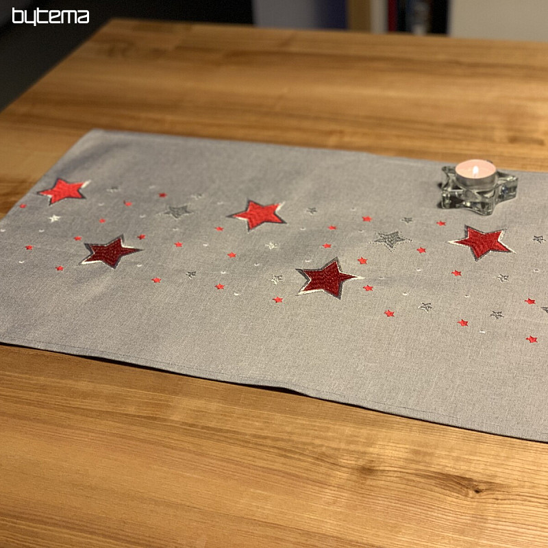 Mantel navideño bordado gris con copos rojos