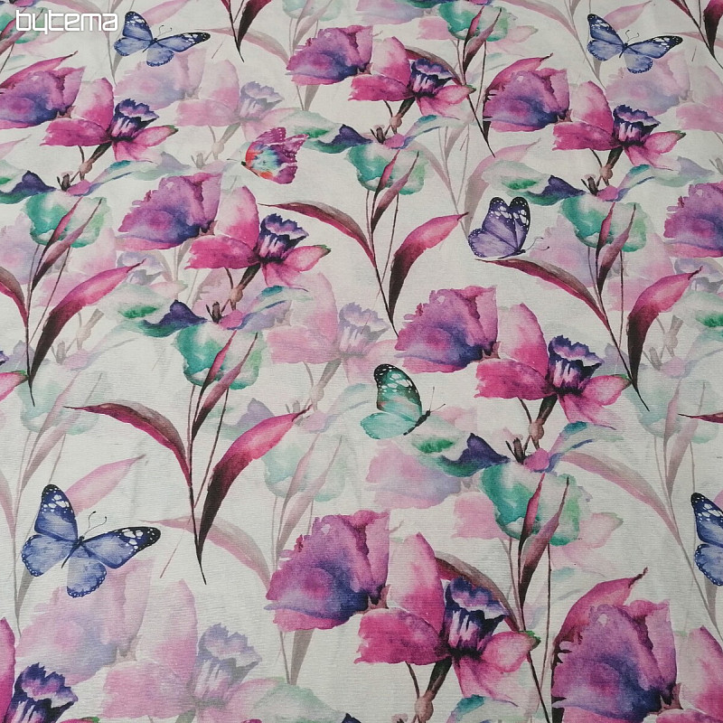Tela decorativa FLORES Y MARIPOSAS CATALEYA MORADO TURQUESA