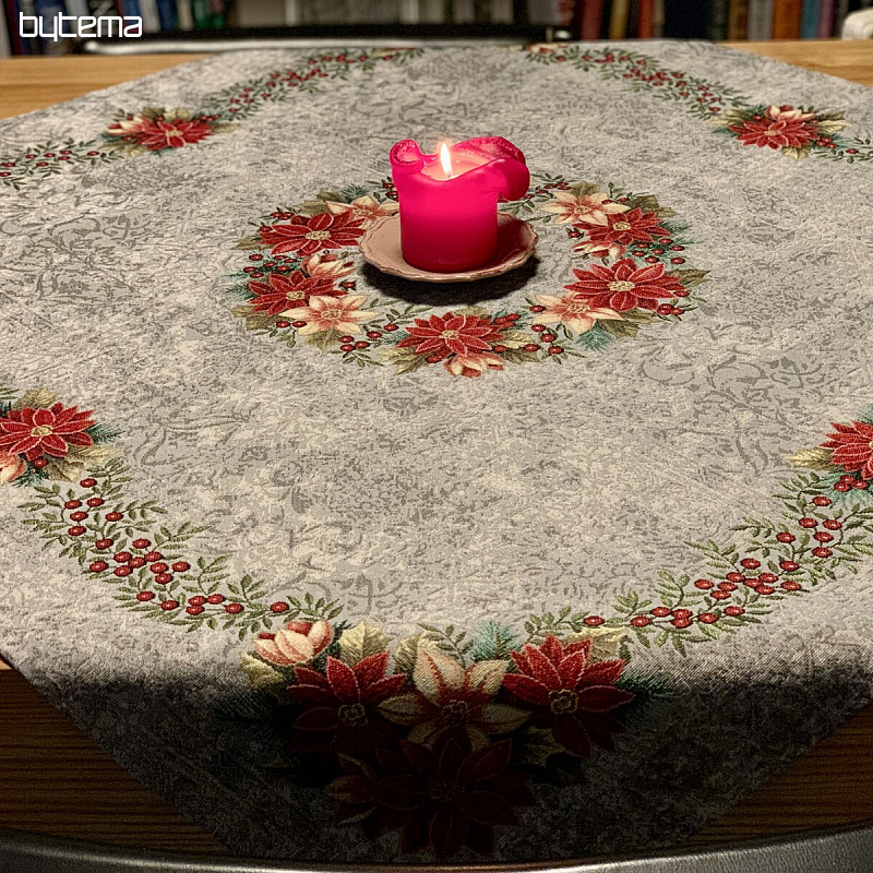 Tapiz navideño manteles y pañuelos CORONA NAVIDAD ROSA-GRIS
