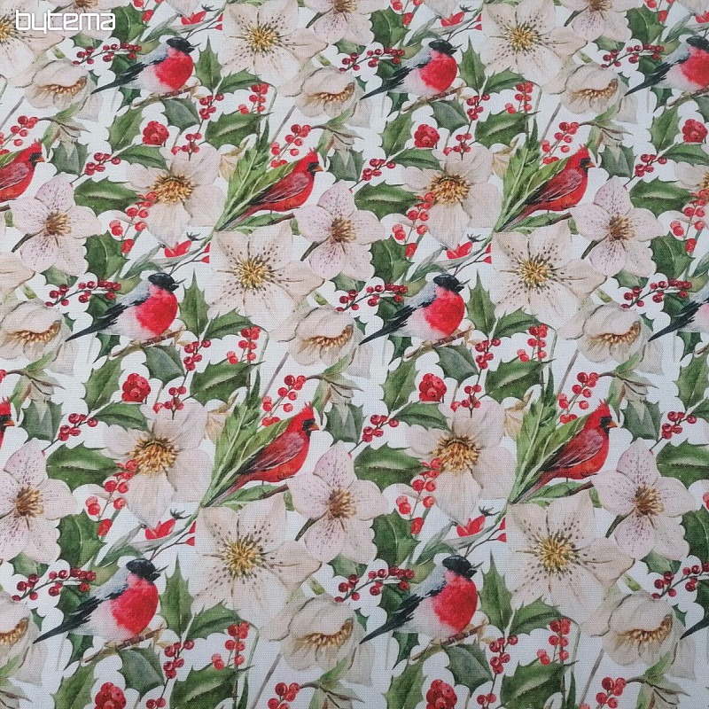 Tela decorativa navideña Acebo con pájaros
