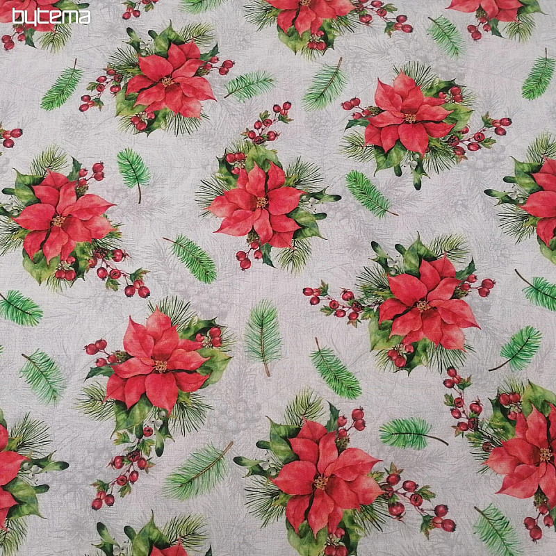 Tela decorativa navideña Rosas navideñas y agujas.