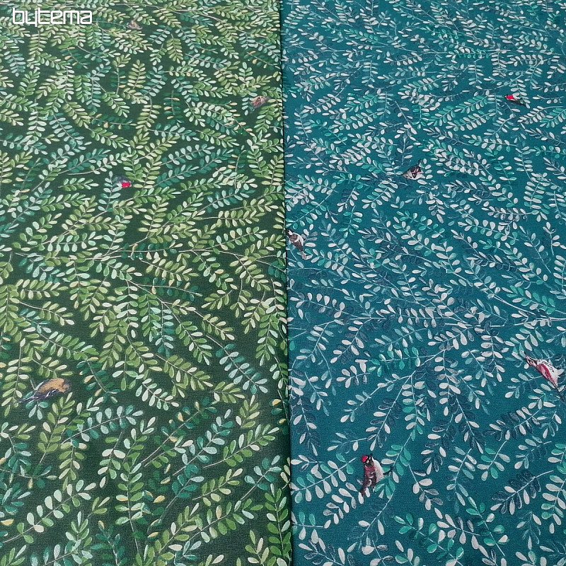 Tela de algodón Ramitas con pájaros turquesa