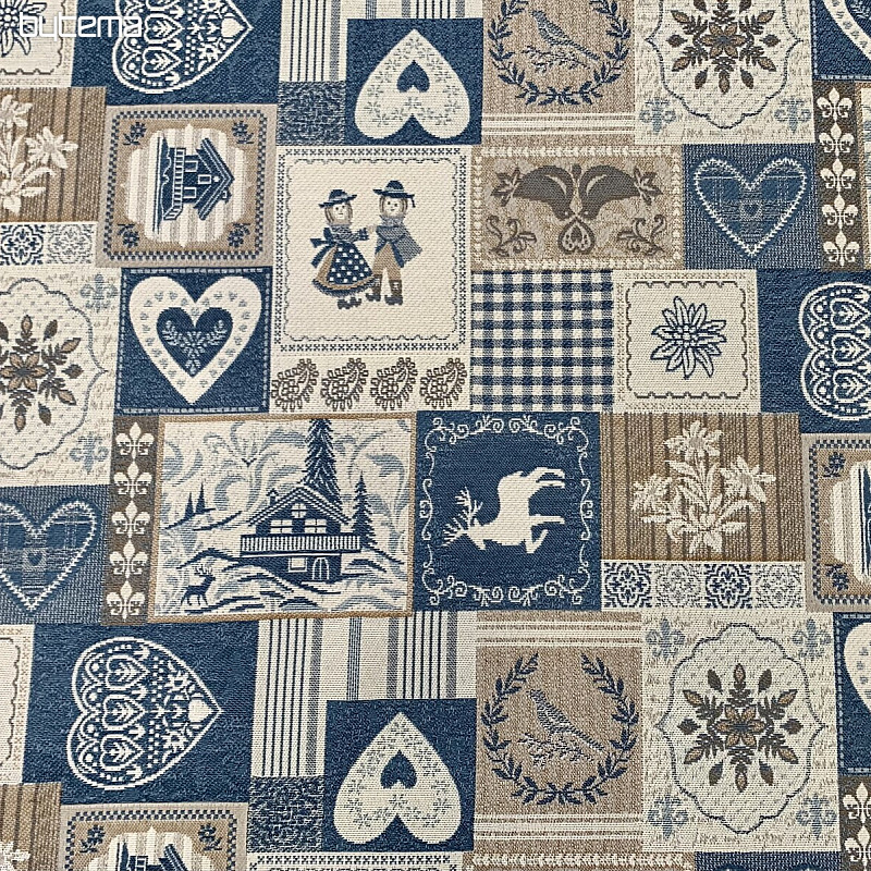 Tela jacquard decorativa PATCHWORK CORAZONES AZUL
