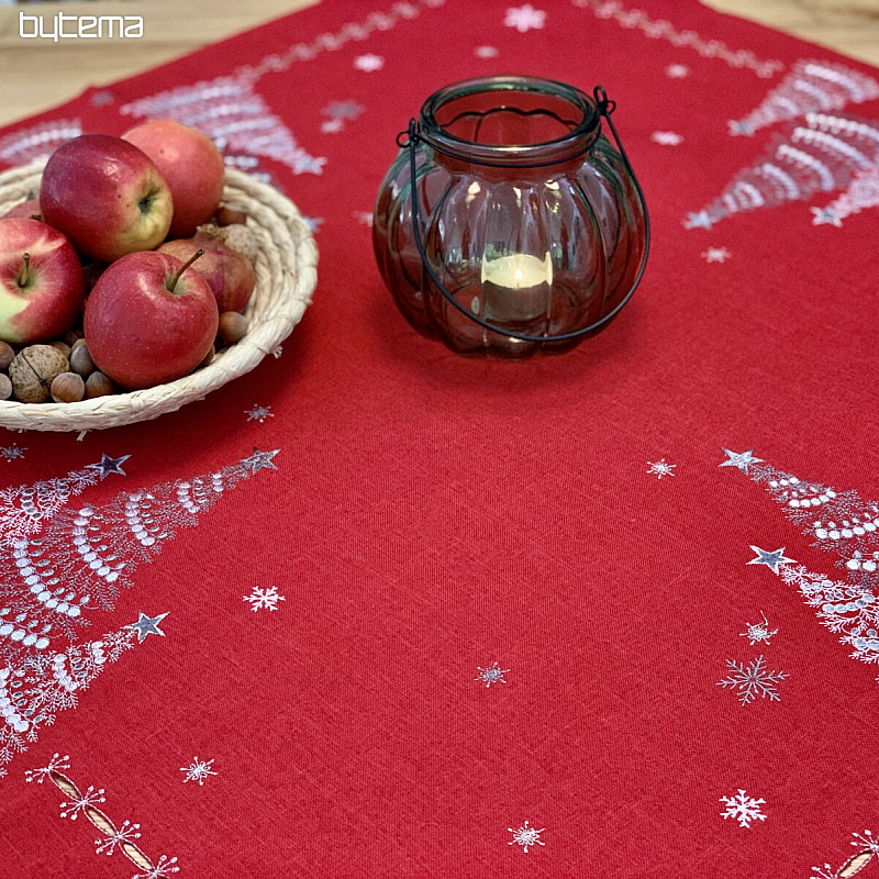 Mantel y pañuelos navideños bordados ARBOLES ROJOS