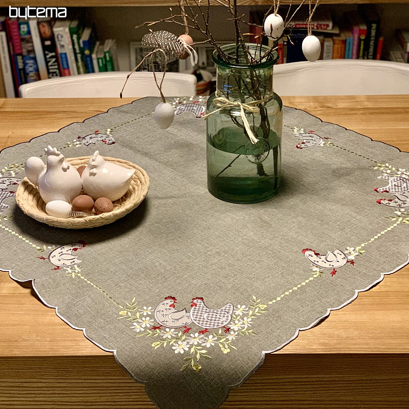 Mantel y pañuelo de Pascua bordado GALLINA Y FLORES gris