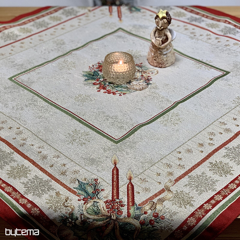 Mantel y pañuelo tapiz VELAS LLAMAS ribete rojo