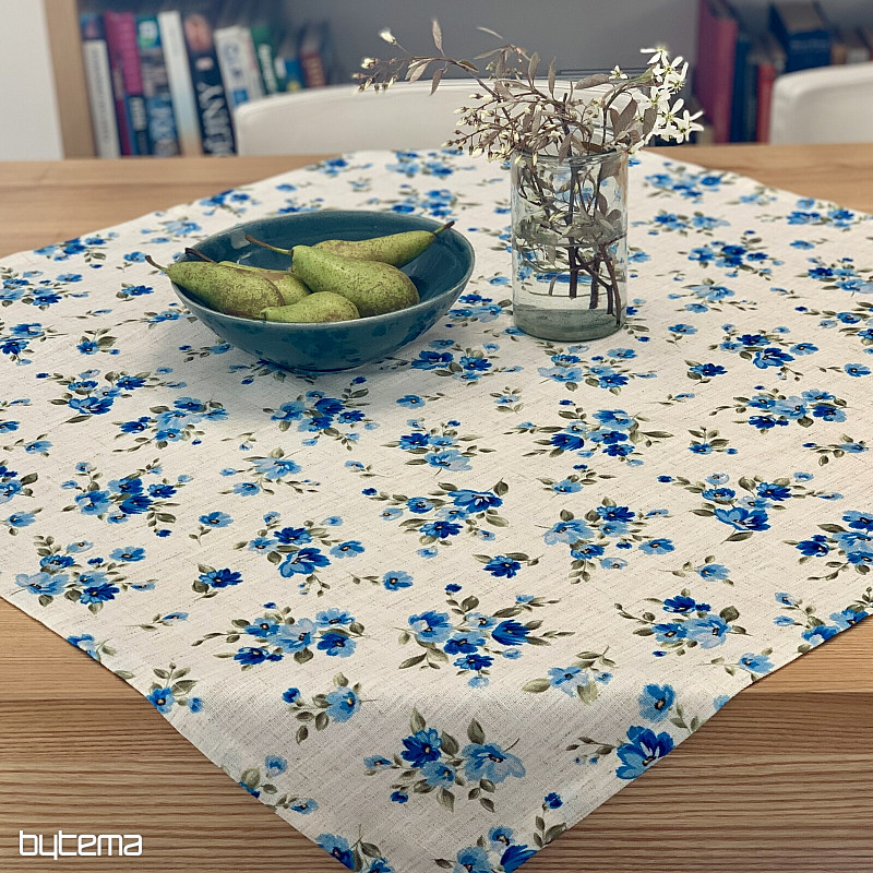 Mantel y bufanda FLOWERS LINO azul