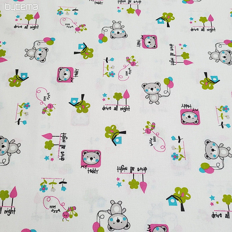 Tela infantil OSITO DE PELUCHE rosa verde