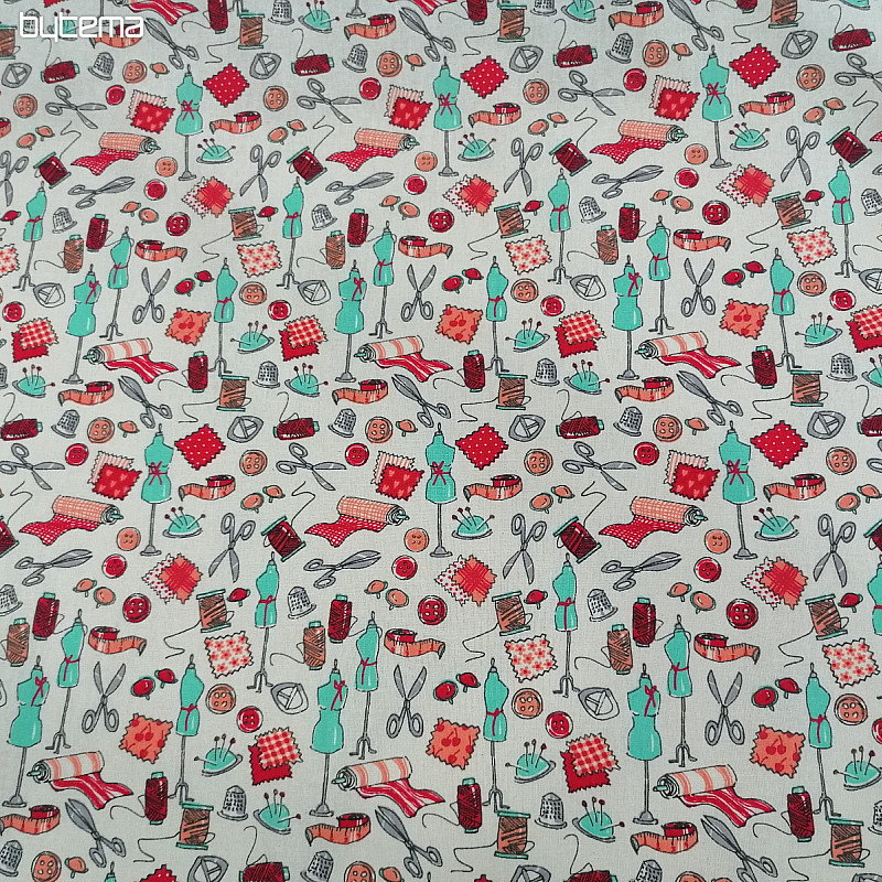 Tela de algodón TALLER DE COSTURA turquesa-rojo