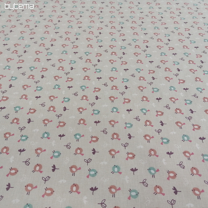 Tela de algodón MIOU pájaros beige