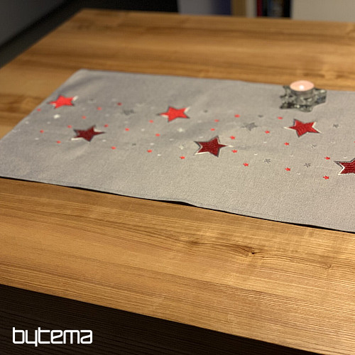 Mantel navideño bordado gris con copos rojos