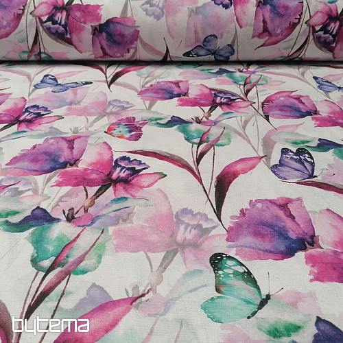 Tela decorativa FLORES Y MARIPOSAS CATALEYA MORADO TURQUESA