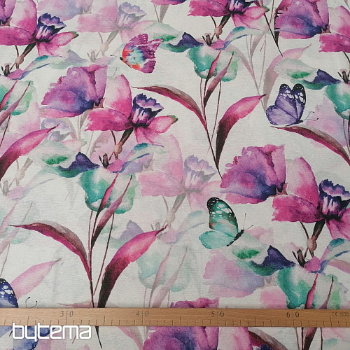 Tela decorativa FLORES Y MARIPOSAS CATALEYA MORADO TURQUESA