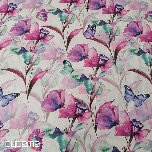Tela decorativa FLORES Y MARIPOSAS CATALEYA MORADO TURQUESA
