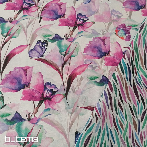 Tela decorativa FLORES Y MARIPOSAS CATALEYA MORADO TURQUESA