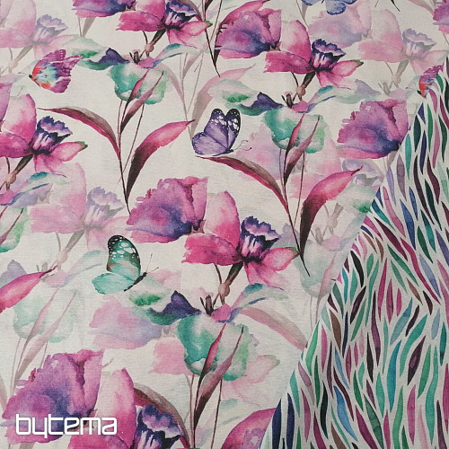 Tela decorativa FLORES Y MARIPOSAS CATALEYA MORADO TURQUESA
