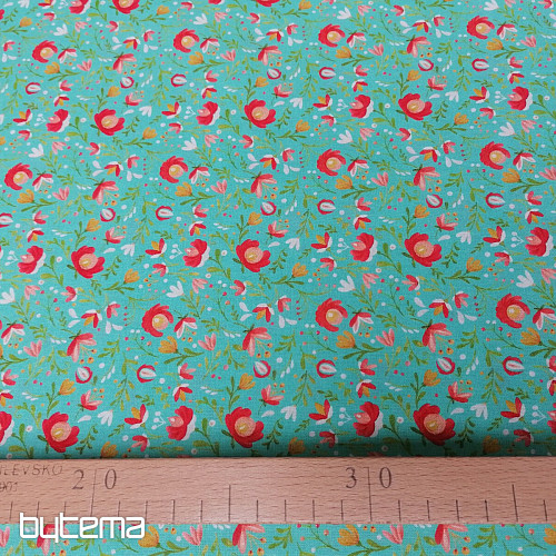 Tela de algodón Motivos folk mini turquesa