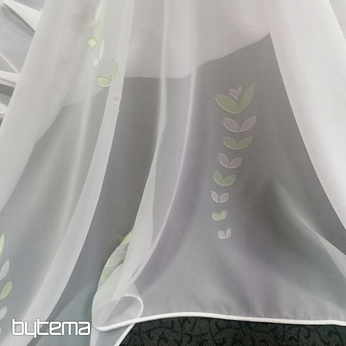Cortina voile blanca - hojas verdes 12159