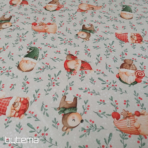 Tela decorativa navideña Duendes y ciervos