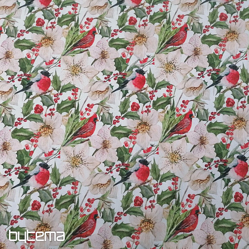 Tela decorativa navideña Acebo con pájaros