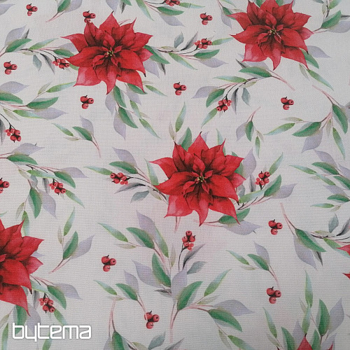 Tela decorativa navideña Poinsettia con hojas