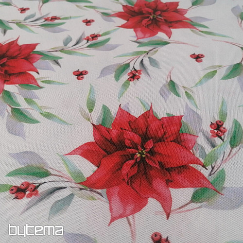 Tela decorativa navideña Poinsettia con hojas