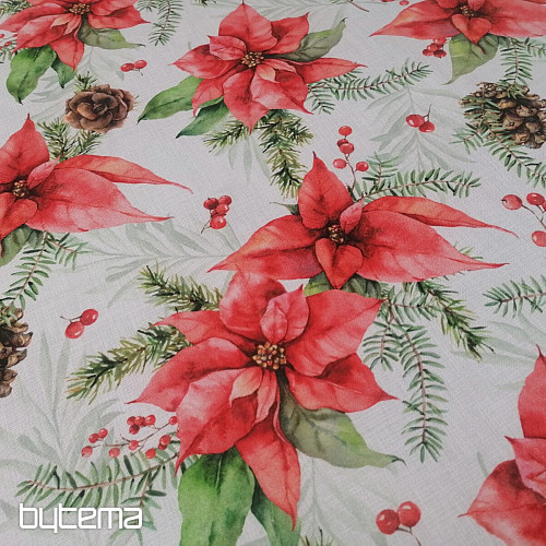 Tela decorativa navideña Poinsettia y piñas