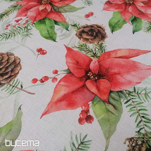 Tela decorativa navideña Poinsettia y piñas