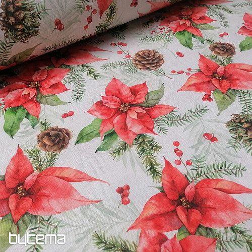 Tela decorativa navideña Poinsettia y piñas