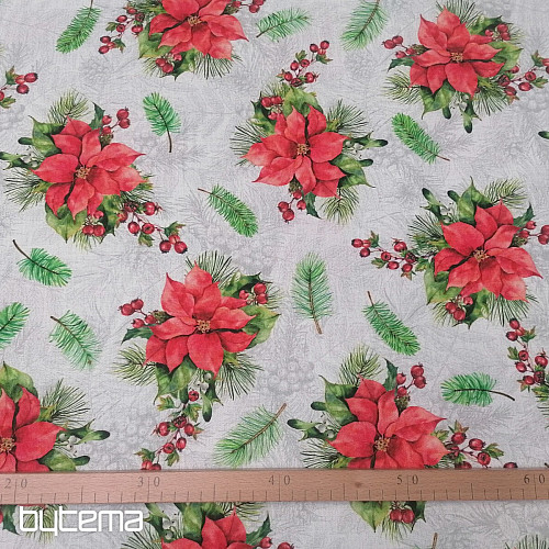 Tela decorativa navideña Rosas navideñas y agujas.