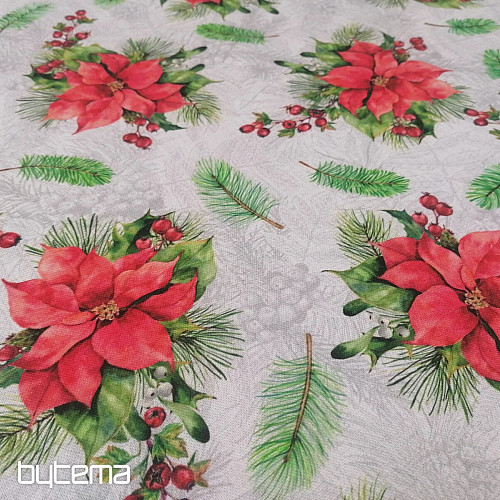 Tela decorativa navideña Rosas navideñas y agujas.