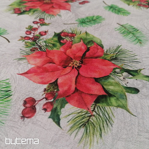 Tela decorativa navideña Rosas navideñas y agujas.