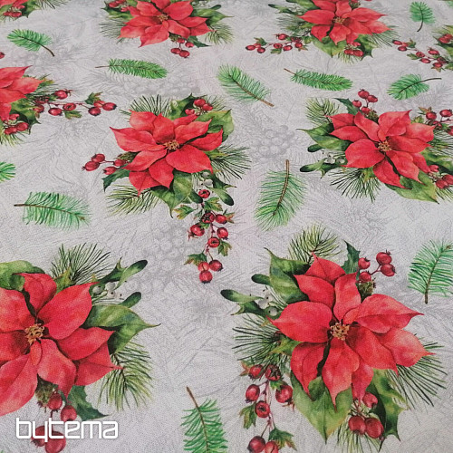 Tela decorativa navideña Rosas navideñas y agujas.