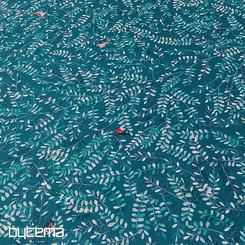 Tela de algodón Ramitas con pájaros turquesa