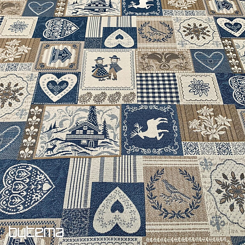 Tela jacquard decorativa PATCHWORK CORAZONES AZUL