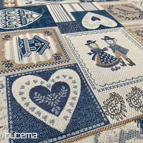 Tela jacquard decorativa PATCHWORK CORAZONES AZUL